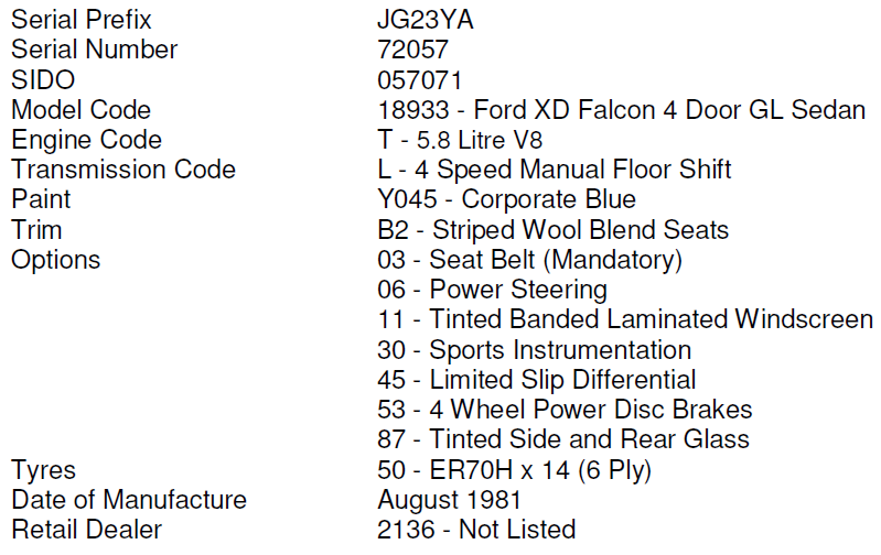 Ford Falcon Colour Chart